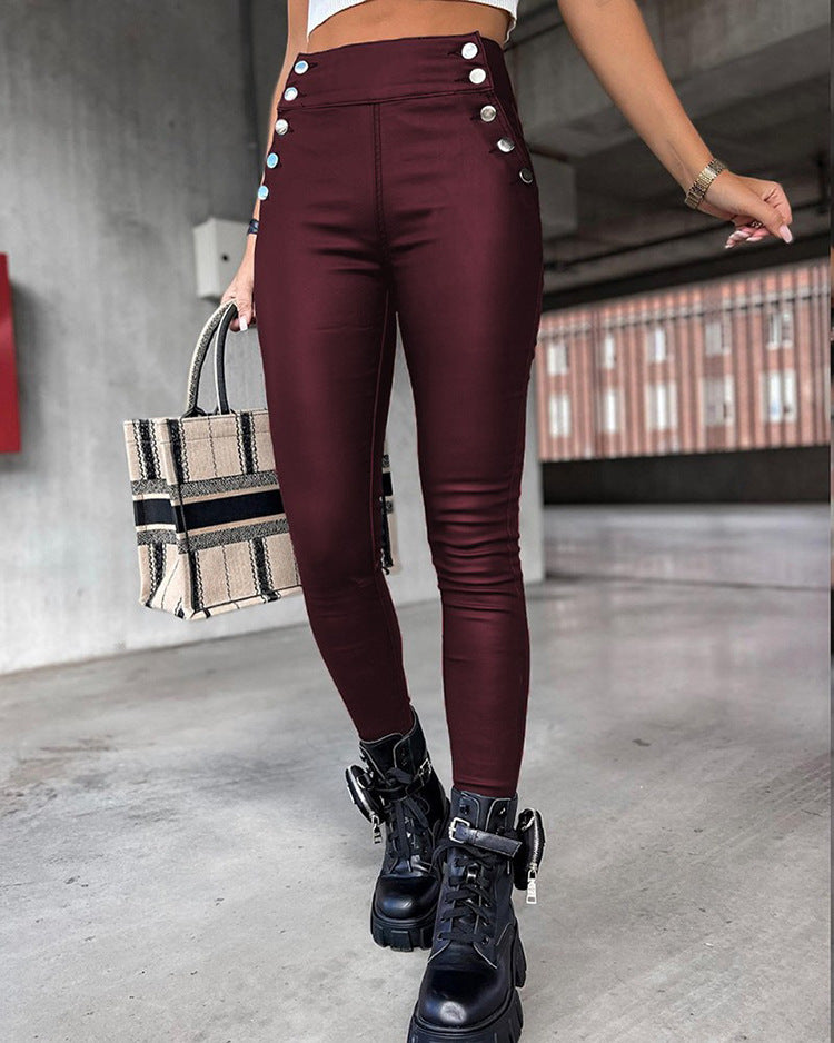High Waist PU Leather Slim Fit Hip Raise Long Jeans