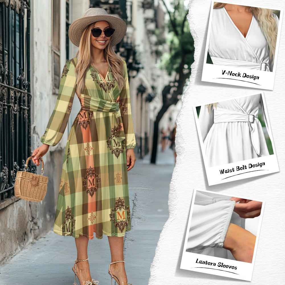 V-Neck Long Sleeve Tie Waist Midi Dress