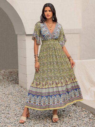 Ruched Printed Flounce Sleeve Maxi Dress - Munsieur