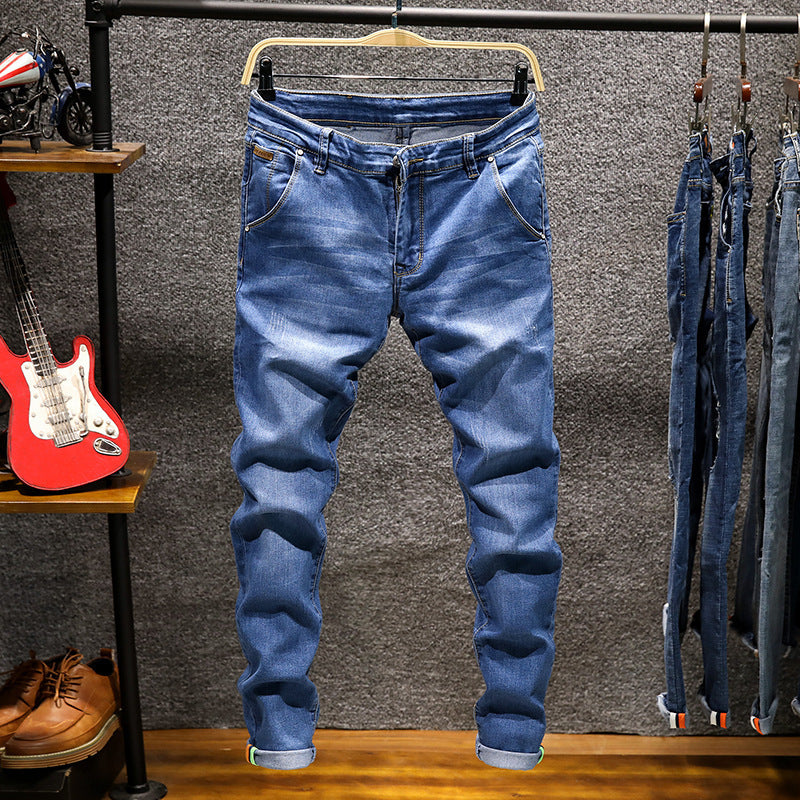 Slim Fit Stretch Small Straight Stone-Washed Solid Color Pants for Men