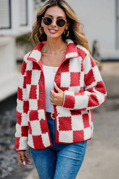 Checkered Snap Down Long Sleeve Teddy Jacket - Munsieur