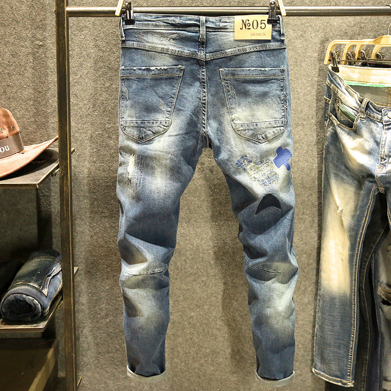 Blue Ripped Pants Men's Tide Brand Patch