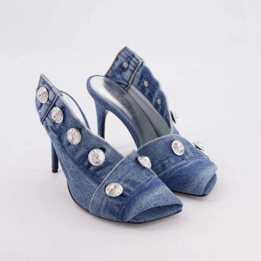 Women's Stiletto Heel Square Toe Denim Metal Rivets - Munsieur