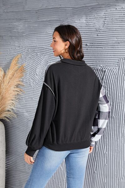Plaid Exposed Seam Long Sleeve Blouse - Munsieur