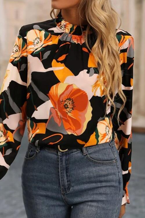 Floral Mock Neck Flounce Sleeve Blouse - Munsieur