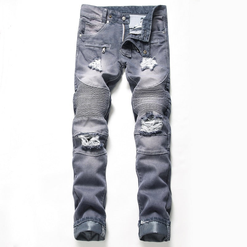 Nostalgic Ripped Motorcycle Pants Straight Personality