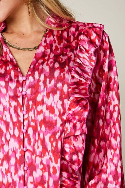 Double Take Full Size Printed Ruffle Trim Balloon Sleeve Shirt - Munsieur