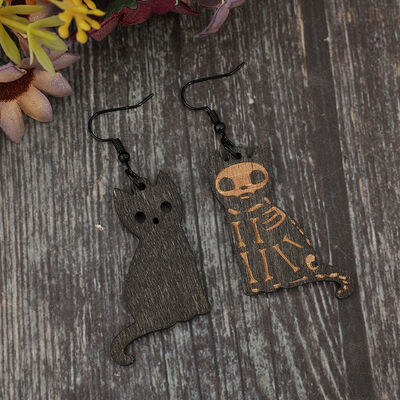 Alloy Hook Wooden Cat Earrings - Munsieur