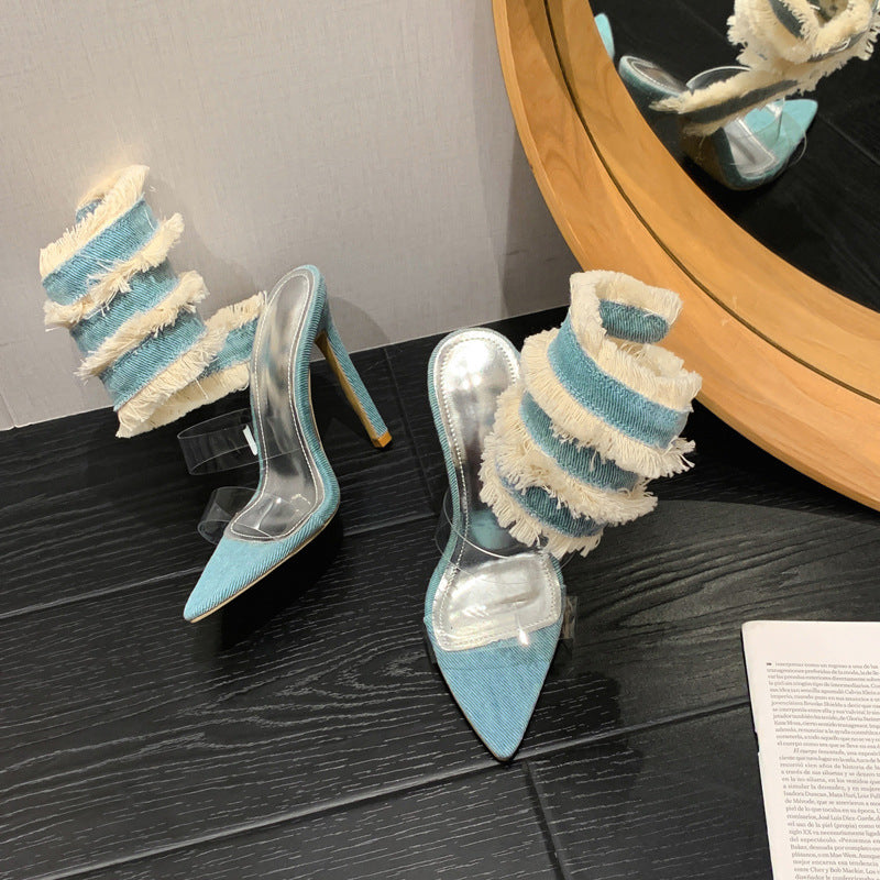 Roman Denim Snake Spring Pointed-toe Stiletto Heels