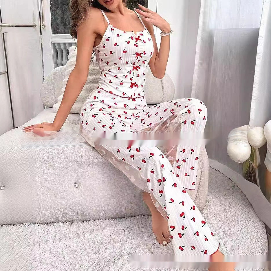 Printed Color Contrast Patchwork Women's Lingerie Pajamas Front Split Sling