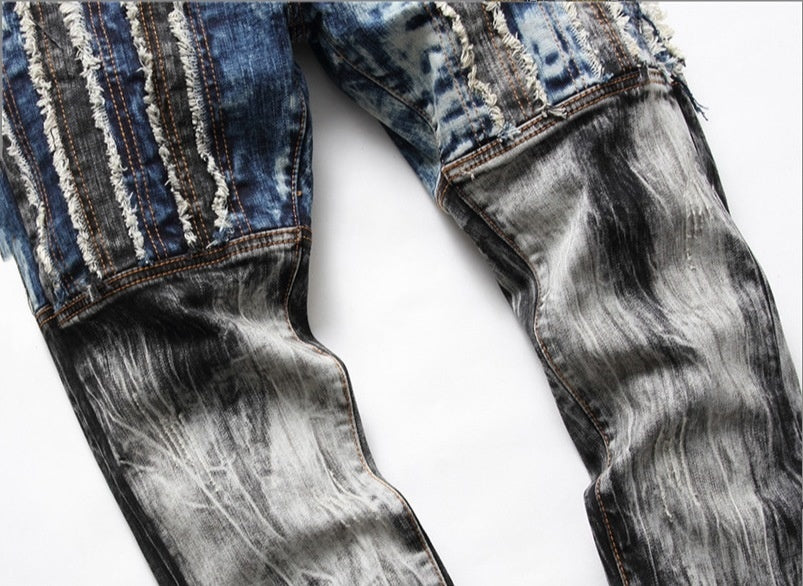 Embroidered Patched Hole Slim Stretch Men's Pants Designer Street Casual