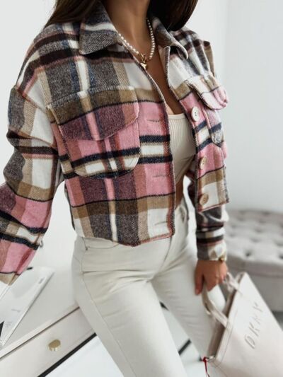 Pocketed Collared Long Sleeve Plaid Jacket - Munsieur