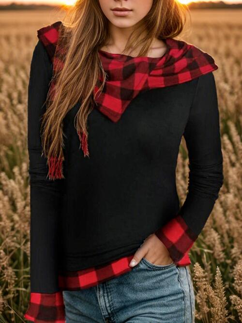 Plaid Long Sleeve Hooded Blouse - Munsieur
