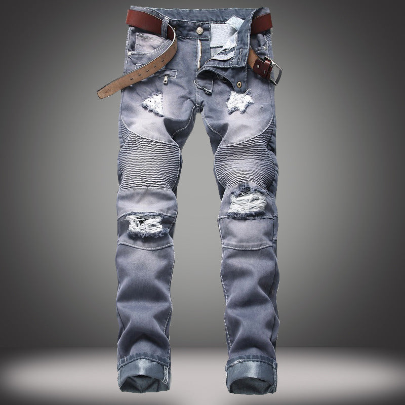 Nostalgic Ripped Motorcycle Pants Straight Personality