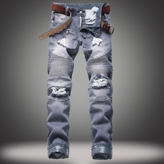Nostalgic Ripped Motorcycle Pants Straight Personality