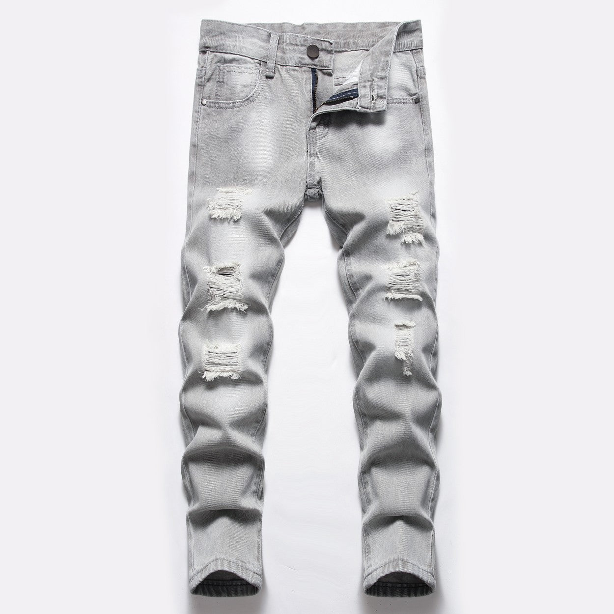 Men's Light Gray Ripped Straight Pants Denim