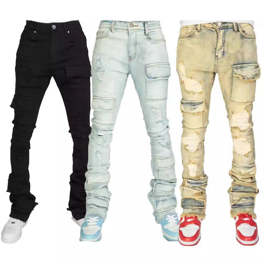 Men's Denim Straight-leg American Fashion Stretch Ripped Laminated Micro-pull Pants