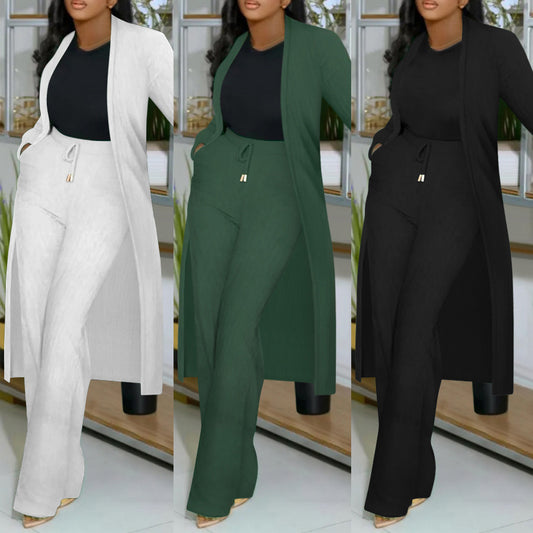 Women's Long Cardigan Jacket Sunken Business suit Stripe Wide Leg Two-piece Set