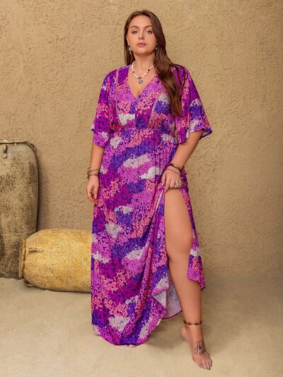 Plus Size Slit Printed Half Sleeve Maxi Dress - Munsieur