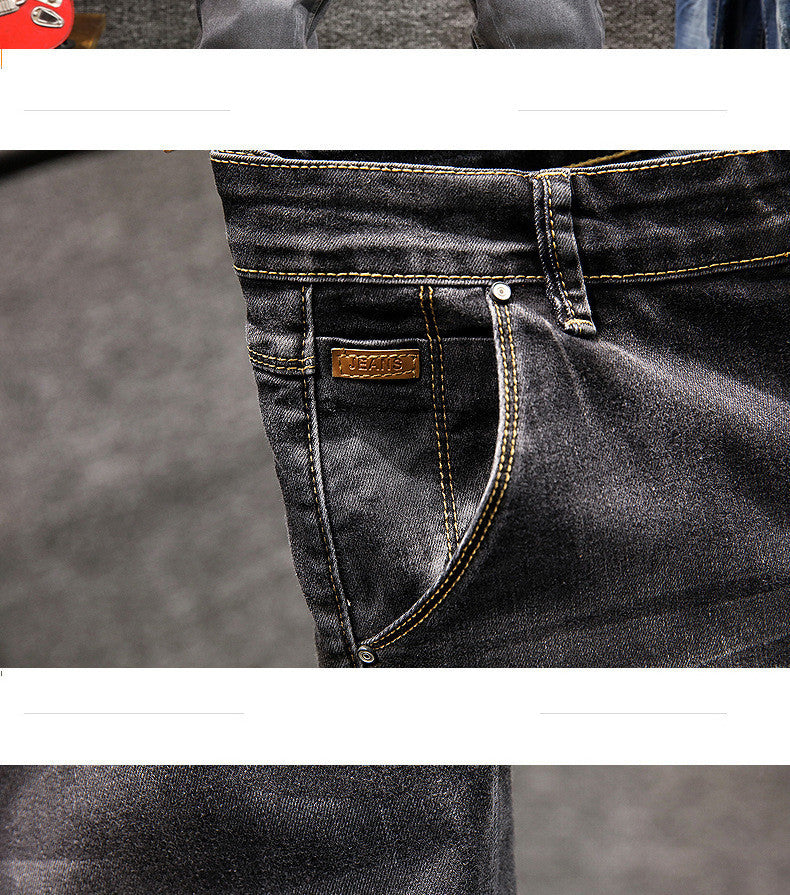 Slim Fit Stretch Small Straight Stone-Washed Solid Color Pants for Men