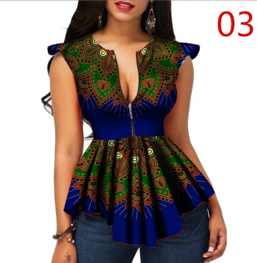 Deep V-neck Zipper Cropped Blouse
