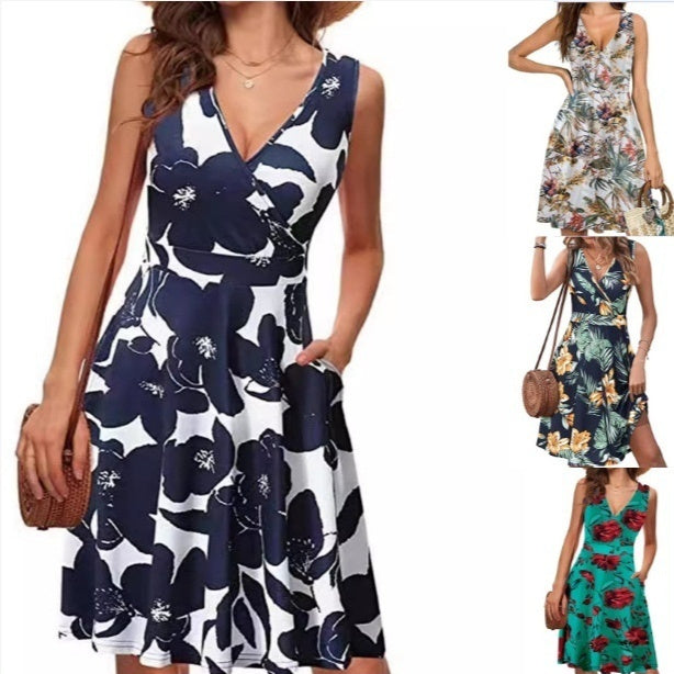Elegant Sleeveless Printed Pocket Dress Women's