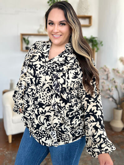 Double Take Full Size Printed Ruffle Trim Balloon Sleeve Shirt - Munsieur