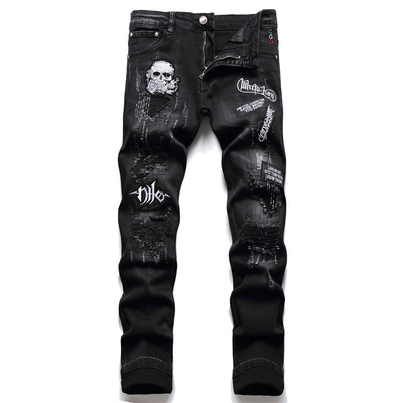 Men's Black Slim-fit Skull Ripped High Street Casual Pants