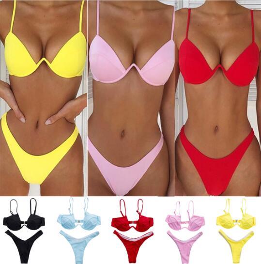 Swimwear Summer Bikini Women Swimsuit Bra and Panties Set Solid Color