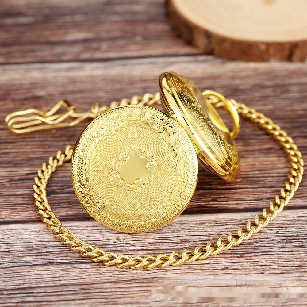 Gold Double-sided Carved Shield Manual Manipulator Pocket Watch
