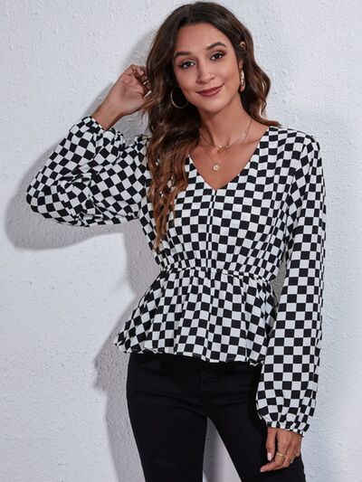 Checkered V-Neck Balloon Sleeve Peplum Blouse - Munsieur