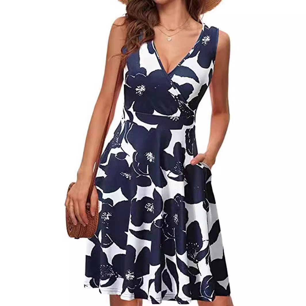 Elegant Sleeveless Printed Pocket Dress Women's
