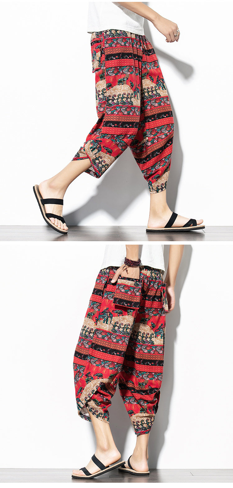 Men's Printed Asian Style Cotton And Linen Loose Joggers