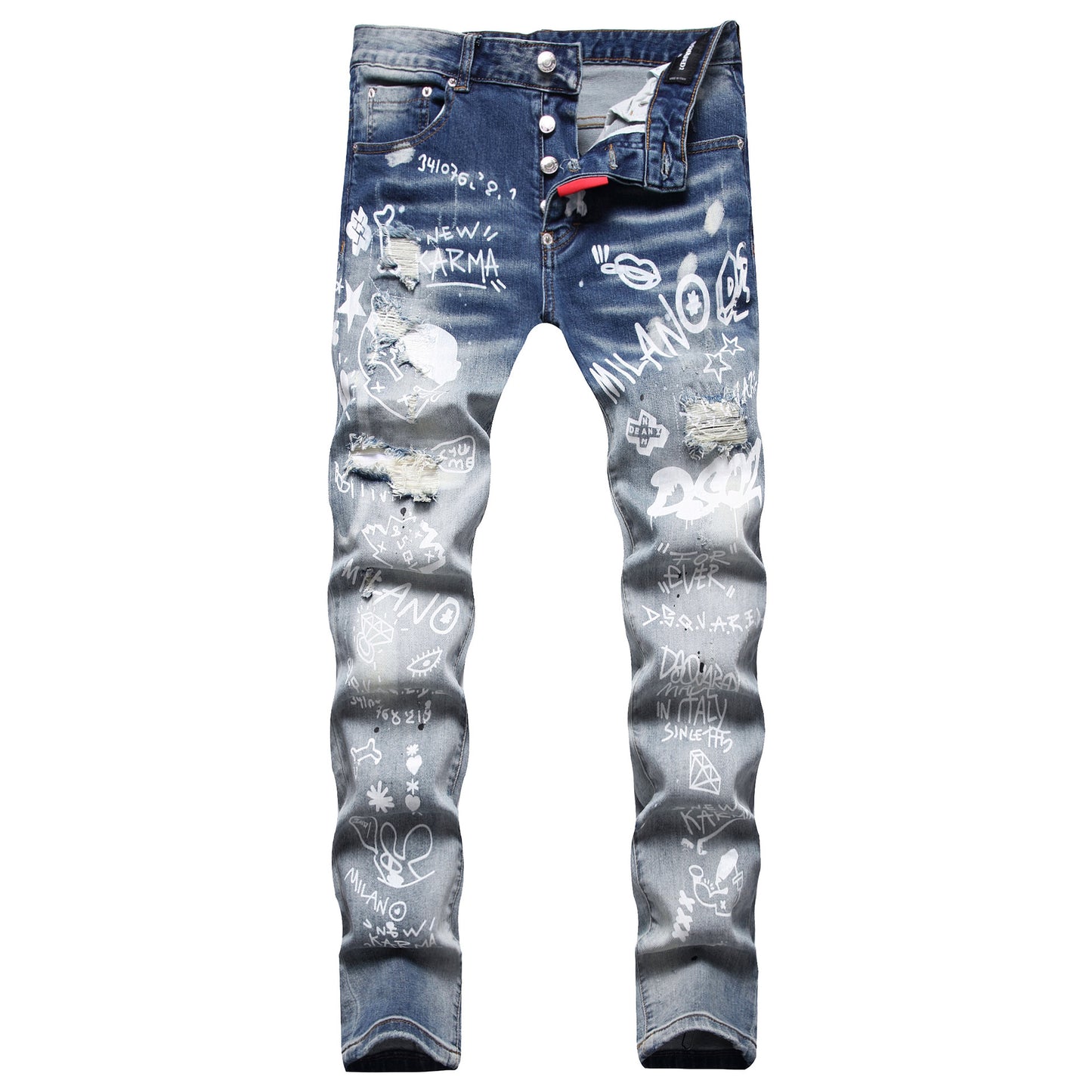 Men's Patchwork Random Line Embroidery Hole Patched Straight-leg Pants