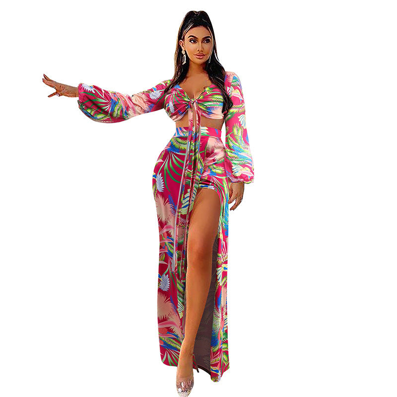 Women's Split Swimsuit Custom Design Printed Long Sleeve Bikini