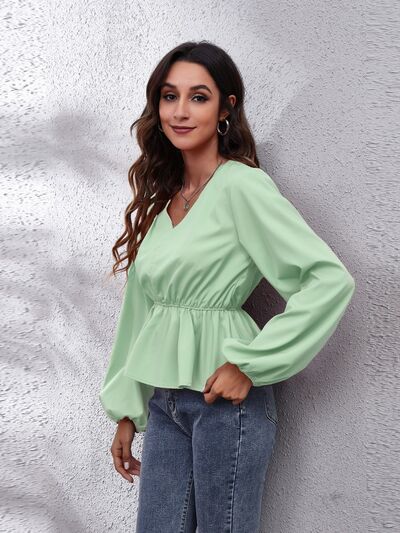 V-Neck Balloon Sleeve Peplum Blouse - Munsieur
