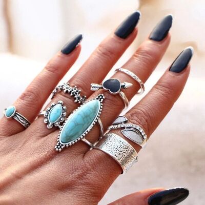 Turquoise Alloy 8-Piece Ring Set - Munsieur