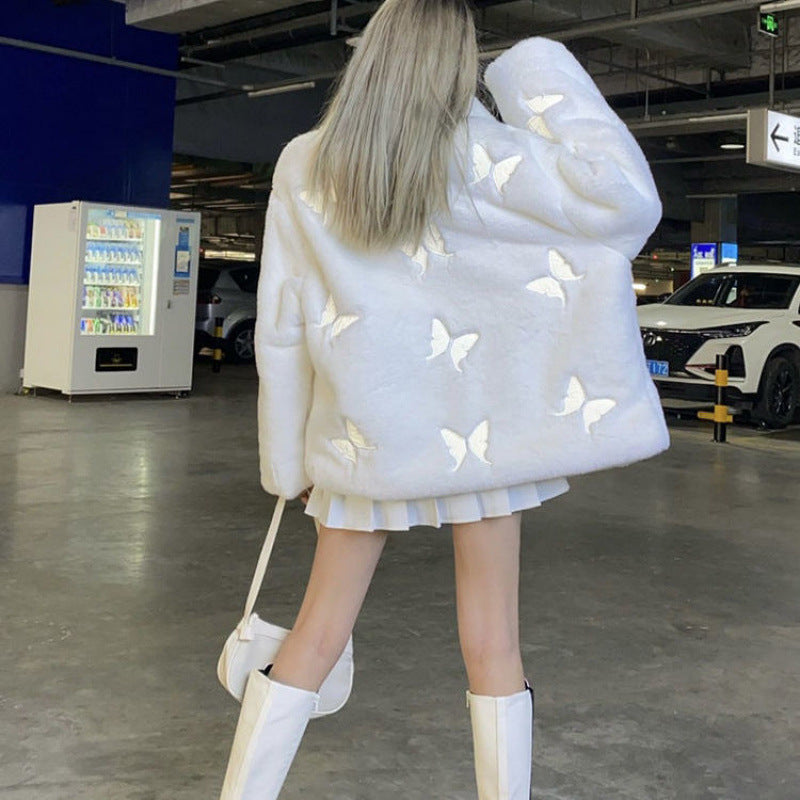 Women's Casual Loose Plush Reflective Faux Leather Jacket