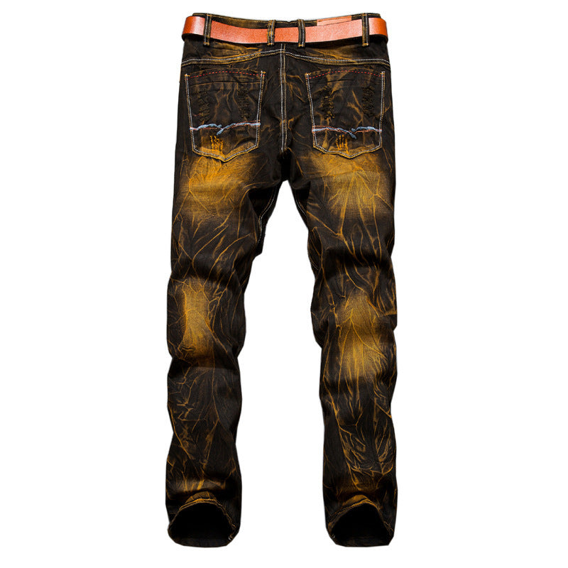 Distressed Slim Fit Straight-leg Denim Men's Broken Patched Hole Pants