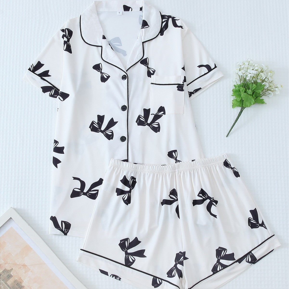 Women's European And American Wearable Bow Print Lingerie Pajamas
