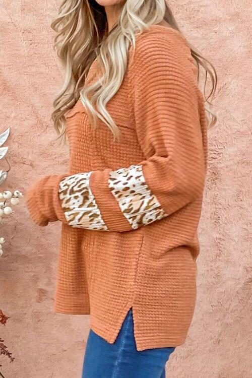Waffle-Knit Leopard Long Sleeve Slit Blouse - Munsieur