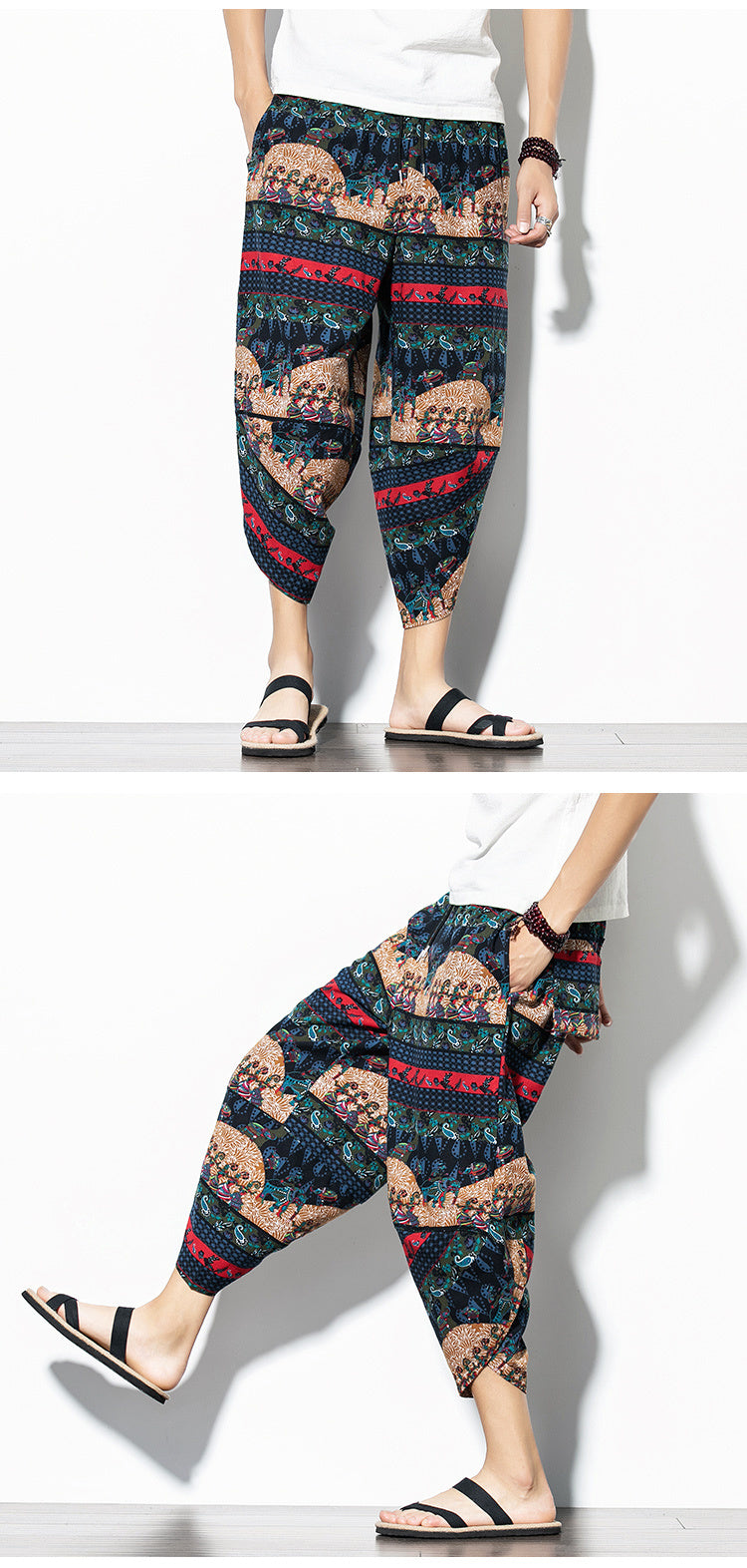 Men's Printed Asian Style Cotton And Linen Loose Joggers