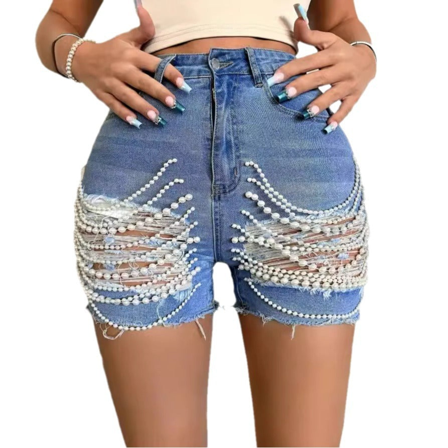 Women's Denim Bottoms High Waist Slimming Bottoms Hand-Made Ripped Bottoms