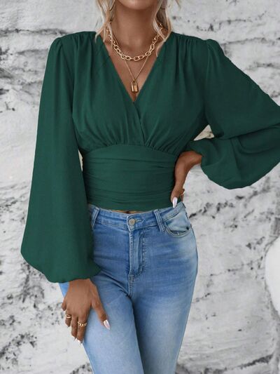 Smocked Surplice Balloon Sleeve Top - Munsieur