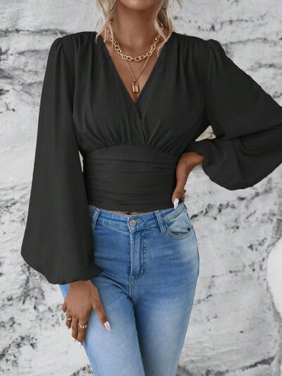 Smocked Surplice Balloon Sleeve Top - Munsieur