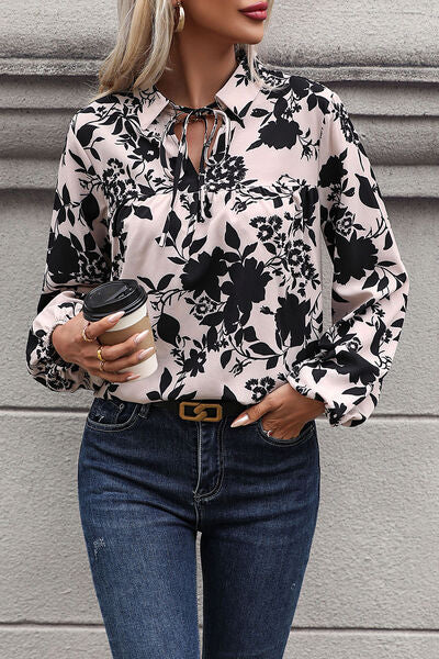 Perfee Printed Tie Neck Balloon Sleeve Blouse - Munsieur
