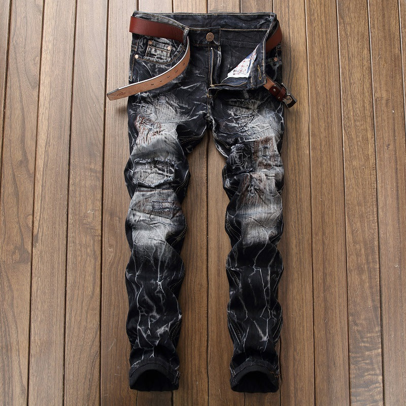 Distressed Slim Fit Straight-leg Denim Men's Broken Patched Hole Pants
