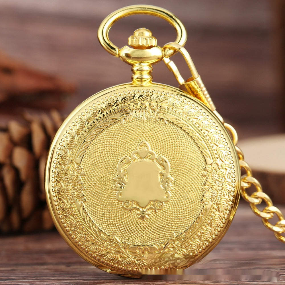 Gold Double-sided Carved Shield Manual Manipulator Pocket Watch