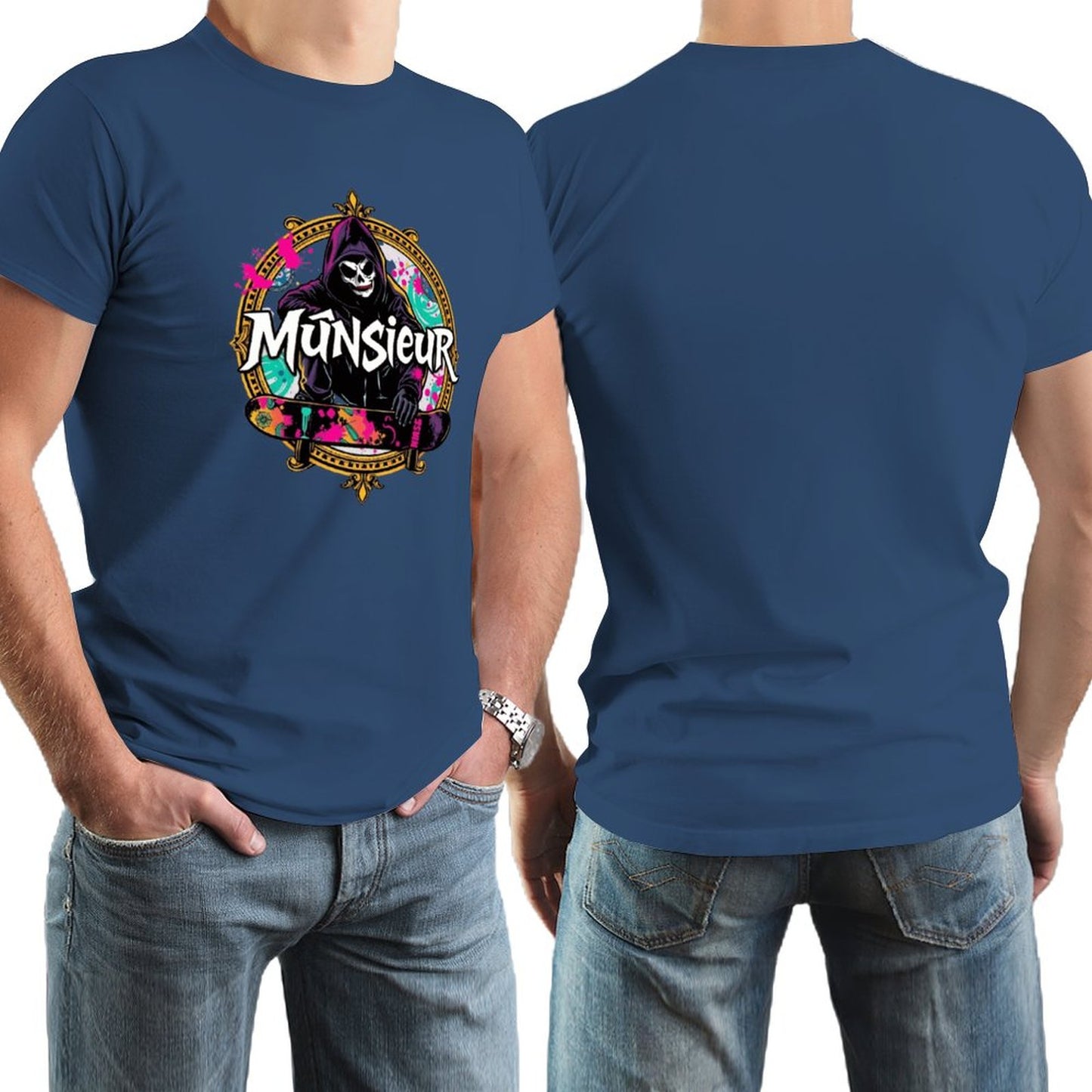 Munsieur New Skool Tee for Men – Skull Skateboard Graphic Tee
