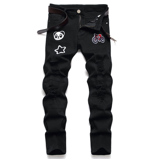Men's Black Designer Patched Pants High Quality Fabric Slim-fitting